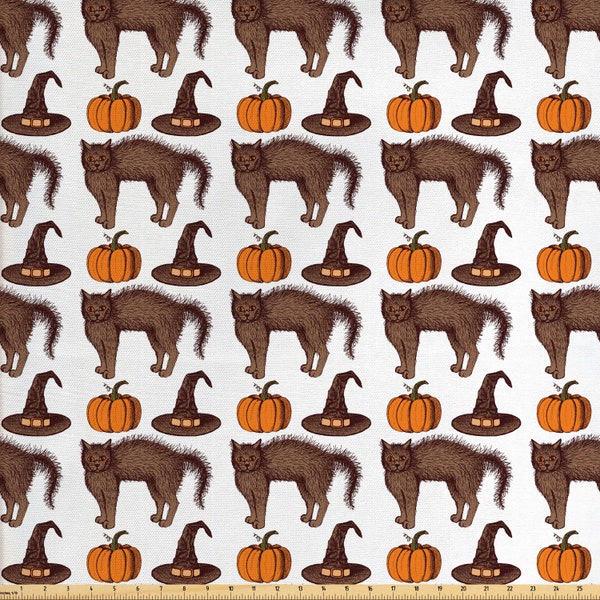 Abakuhaus Halloween Stoff als Meterware Seasonal Vintage Pattern mit Kürbis Kürbis Hexe Hüte und Katze Braun Orange Grün