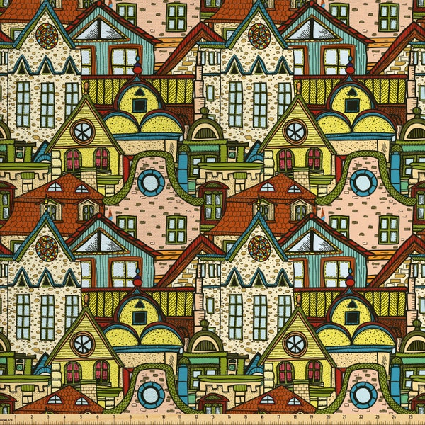 Retro Fabric by Meter Hand Drawn Old City in Colorful Tones European Buildings Featured Town Place Picture Multicolor