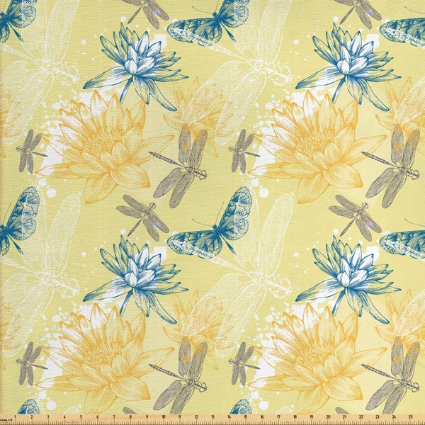 Abakuhaus Dragonfly Fabric by Meter Nymphéas et insectes volants dans un style vintage Faune exotique Bleu jaune pâle