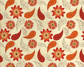 Tessuto arancione al metro Fiori di papavero rosso in stile retrò e foglie Fiore Paisley modello Orange Red Peach