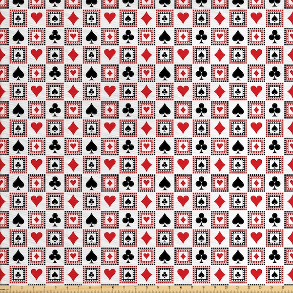 Casino Fabric by Meter Spielkarten Clubs Herzen Symmetrisch Geometrisch Wiederholend Ornamental Scharlachrot Schwarz