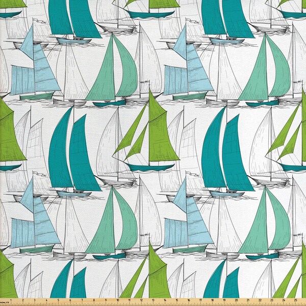 Tissu nautique Abakuhaus au mètre Voiliers sur la mer Surf Thème côtier Sea Life Coloré Maritime Multicolore