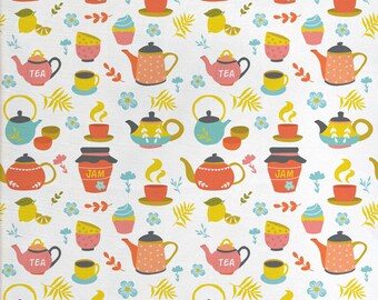 Abakuhaus Tea Party Tissu au mètre Cuisine Boulangerie Thème avec Confiture Théière Tasses à café Fleurs Feuilles Illustration Multicolore