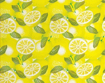 Tissu de printemps par Meter Tranches de citron frais avec feuilles Fond Fruits doux Été Design de bon goût Jaune Fougère Vert