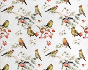 Tissu animal par Mètre Moineaux Oiseaux Feuilles ßste Sapins Aquarelle Image Art Multicolore