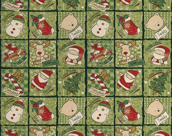 Tissu de Noël par Meter Cartoon Père Noël Arbres Teddy Bears Bonbons Sketchy Design Print Olive Green Blanc