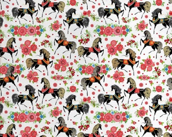 Abakuhaus Horses Fabric by Meter Arrangement floral abstrait et dapple Étalons Vintage Animal Silhouettes Multicolore