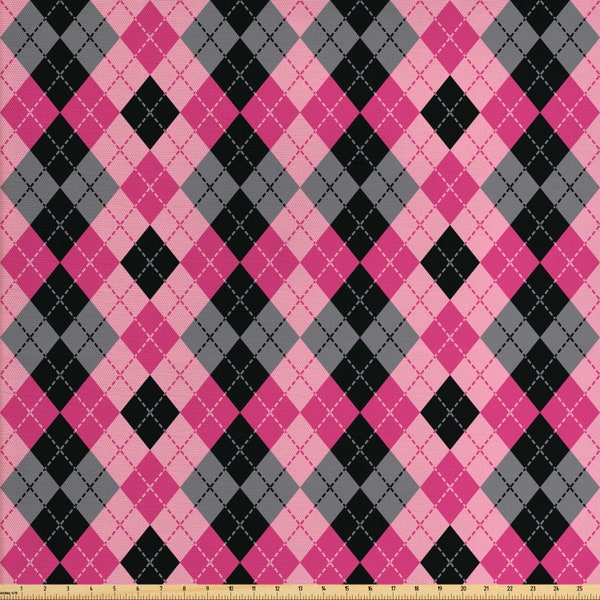 Abakuhaus Pink Grey Fabric by Meter Argyle Motif with Diamonds and Lozenges Infinite Symmetric Stripes Image Pale Pink Black Grey