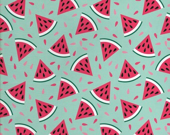 Abakuhaus Fruit Fabric by Meter Anguria Fette su sfondo pastello Pop Art Fresh Food Almond Green Dark Coral