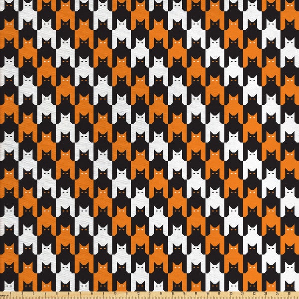 Halloween Stoff als Meterware Digital Style Catstooth Pattern Pixel Spooky Harvest Fashion Illustration Orange Schwarz Weiß