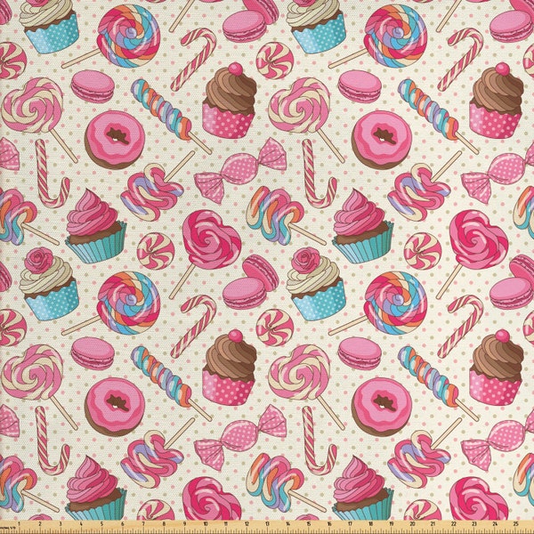 Abakuhaus Candy Cane Stoff als Meterware Yummy Lollipop Candy Macaroon Cupcake und Donut auf Polka Dots Muster Multicolor