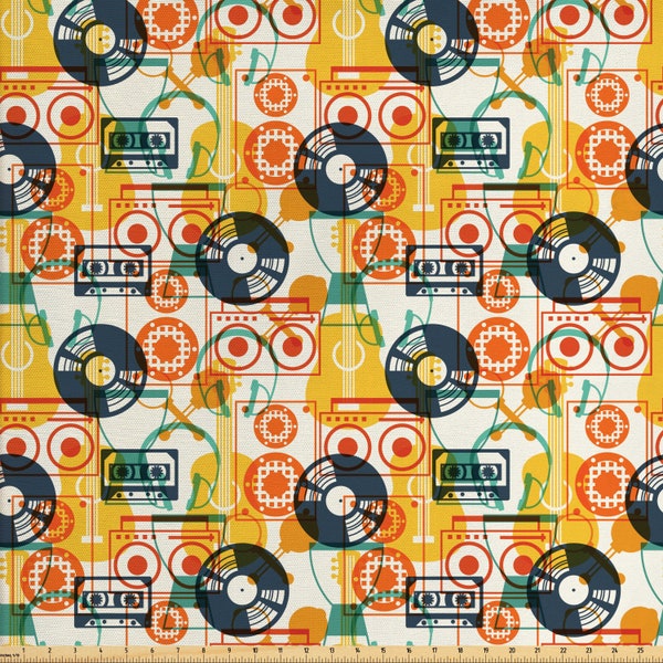 Abakuhaus Tissu de musique par motif de mètre avec instruments de musique dans le style Flat Design Cassette Radio Vinyle Nostalgique Multicolor