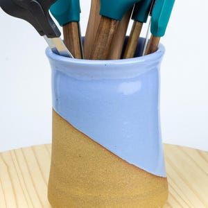 Utensil Holder. Sky Blue on stoneware. Wheel thrown pottery!