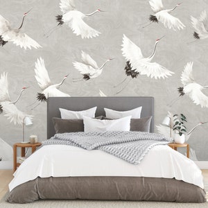 Cranes Wallpaper Mural - Crane You Later Wallpaper - Flying Cranes Wallpaper on Marbled Sky, Accent Wall, Feature Wall, Easy to Install