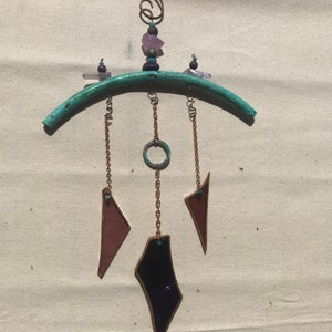Unique, whimsical, purple glass, suncatcher , copper patina wall art