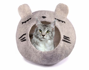 Katzenhöhle aus Filz in Mausform Handgefertigt für Deine Katze Filzhöhle aus 100% natürlicher Wolle Wollfilz grau Katzenhaus