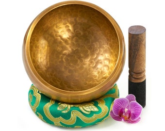 Original Tibetan singing bowl 13 cm tall, handmade set with clapper and base in gift box Singing Bowl from Tibet