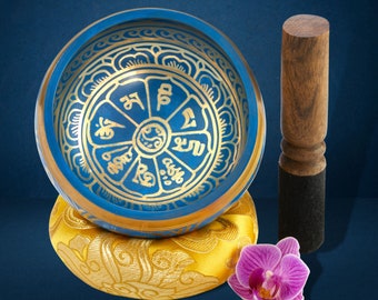 Original Tibetische Klangschale blau 11 cm groß handgefertigt Klangschalen Set mit Klöppel und Kissen Tibetan Singing Bowl