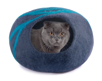 Katzenhöhle aus Filz in blau Handgefertigt für Deine Katze Filzhöhle aus 100% natürlicher Wolle Wollfilz Katzenbett Katzenhaus