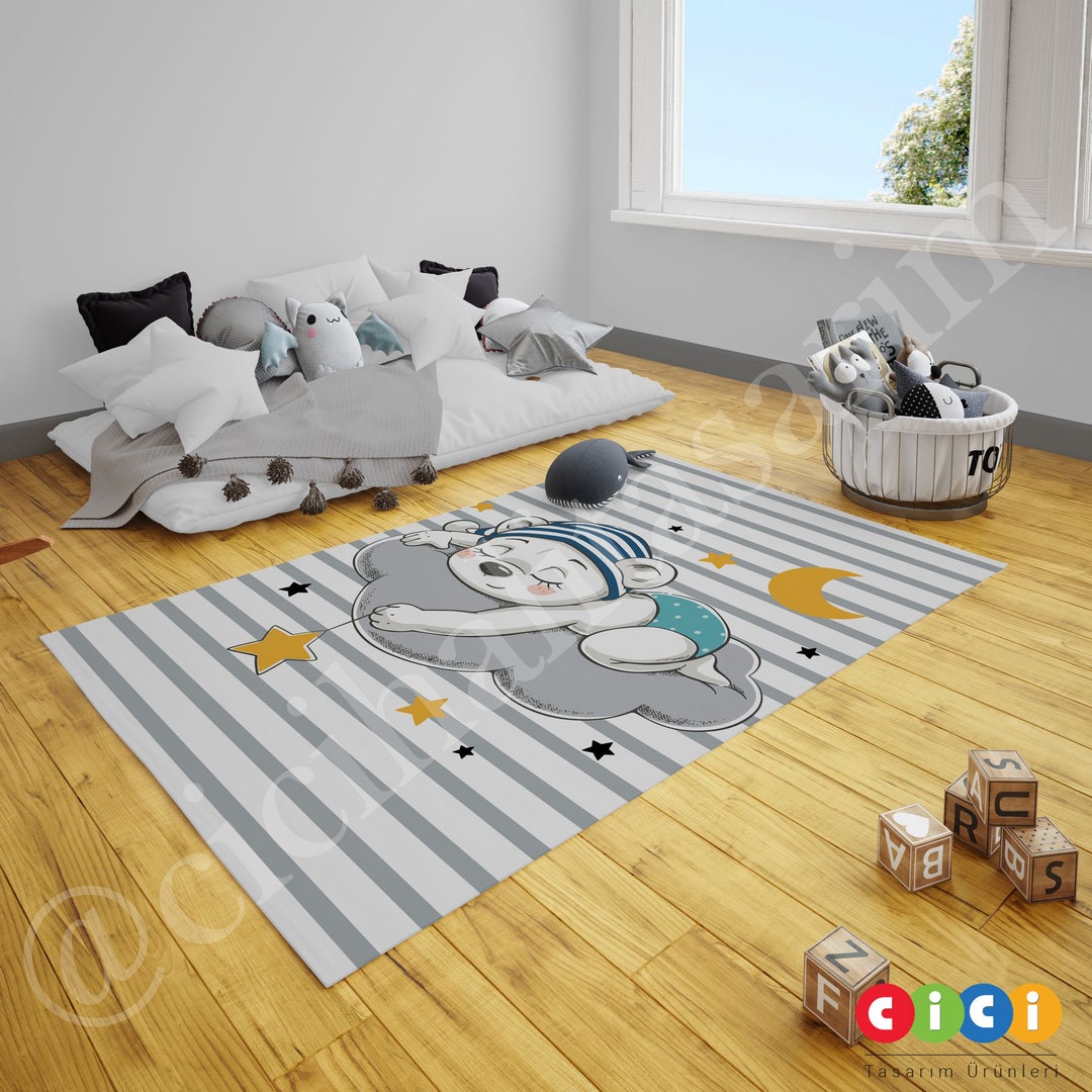 Baby Sleep Rug Bear Sleeping on Cloud Rug, Baby Boy Kids Room Rug, Nursery Room Rug ...