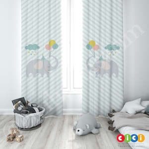 Elephant, Clouds, Air Balloon Baby Boy and Girl Kids Room Curtain, Nursery Room Curtains, Window Curtain, Childrens Room Curtain