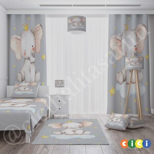 Kids Nursery Room Cute Elephant Curtain, Carpet, Duvet Cover, Pillow Case, Cushion, Lamp