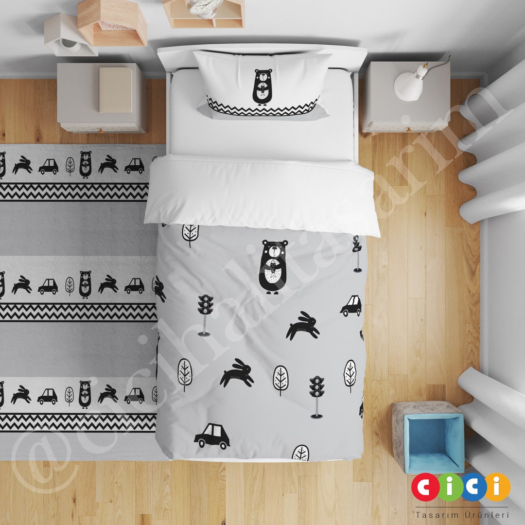 Scandinavian Animals Baby Boy Kids Room Linens Set, Nursery Room Bedding Set, Childrens Room
