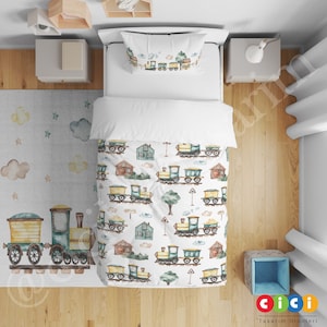 May include: A white bedding set featuring a train pattern. The design incorporates yellow, green and brown trains on a white background. The bedding set includes a pillowcase and a duvet cover.