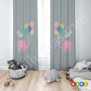 Elephant Curtains, Air balloon Curtain, Baby Girl Kids Room Curtain, Nursery Room Curtains, Window Curtain, Childrens Room Curtain