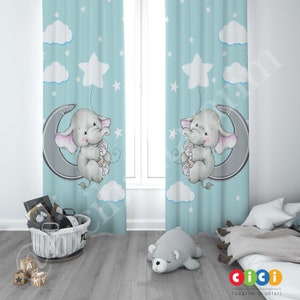 Elephant Curtains, Clouds, Halfmoon Curtains, Baby Boy and Girl Kids Room Curtain, Nursery Room Curtains, Window Curtain