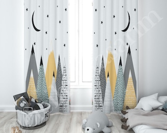 Scandinavian Curtain, mountain curtain, stars Curtain, Baby Boy and Girl Kids Room Curtain, Nursery Room Curtains, Window Curtain