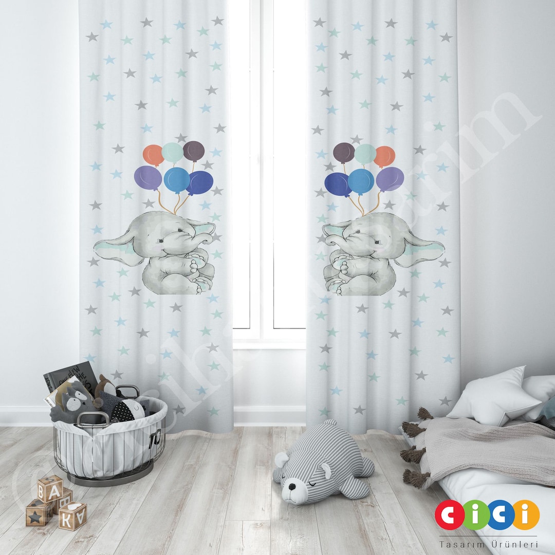 Little Elephant Curtain, Stars Curtain, Air Balloon Curtain, Baby Boy
