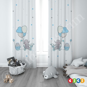 Elephant Airballoon Curtain, Baby Boy Kids Room Curtain, Nursery Room Curtains, Window Curtain, Childrens Room Curtain