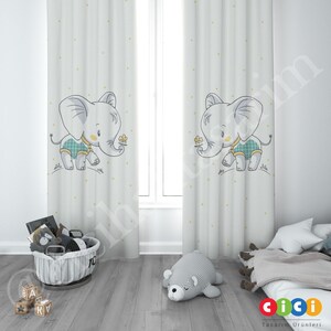 Cute Little Elephant Curtain, Baby Boy and Girl Kids Room Curtain, Nursery Room Curtains, Window Curtain, Childrens Room Curtain