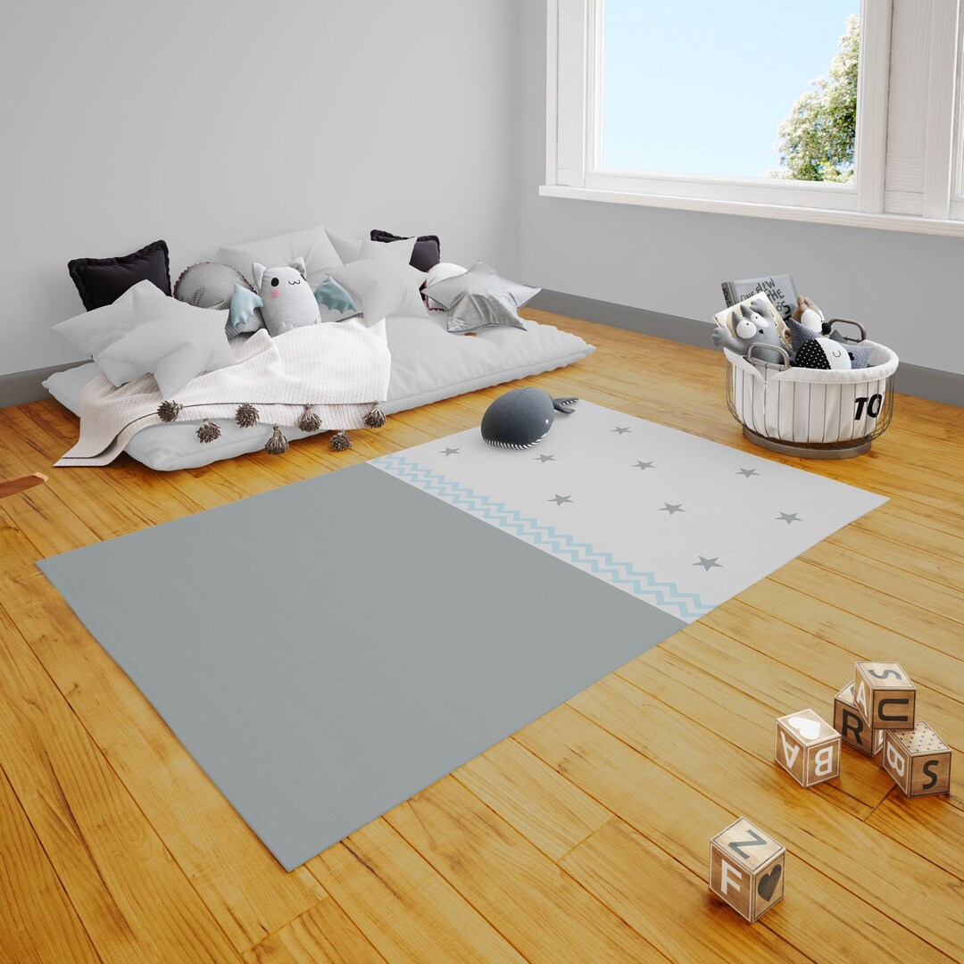 Stars Gray Blue Baby Boy Kids Room Rug, Nursery Room Rug, Childrens