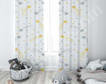 Falling Stars Gray and Yellow Curtains, Baby Boy and Girl Kids Room Curtain, Nursery Room Curtains, Window Curtain, Childrens Room Curtain