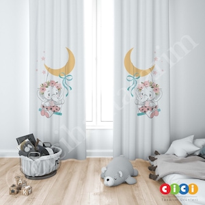 Half Moon Curtain, Elephant Curtain, Flowers Curtain, Baby Girl Kids Room Curtain, Nursery Room Curtains, Window Curtain