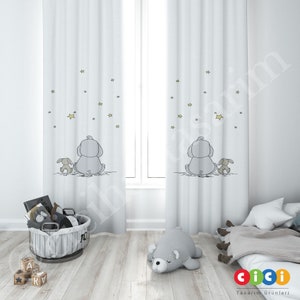 Elephant and Rabbit Baby Boy and Girl Kids Room Curtain, Nursery Room Curtains, Window Curtain, Childrens Room Curtain