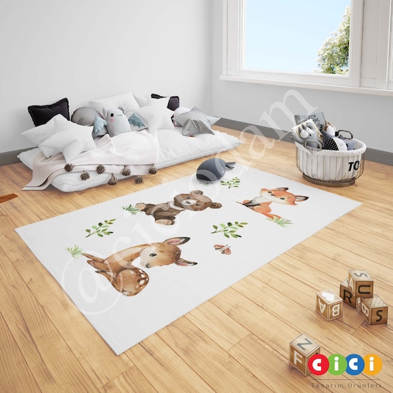 Woddland Rug, Fox Rug, Bear Deer Rug, Animals Rug, Baby Boy and