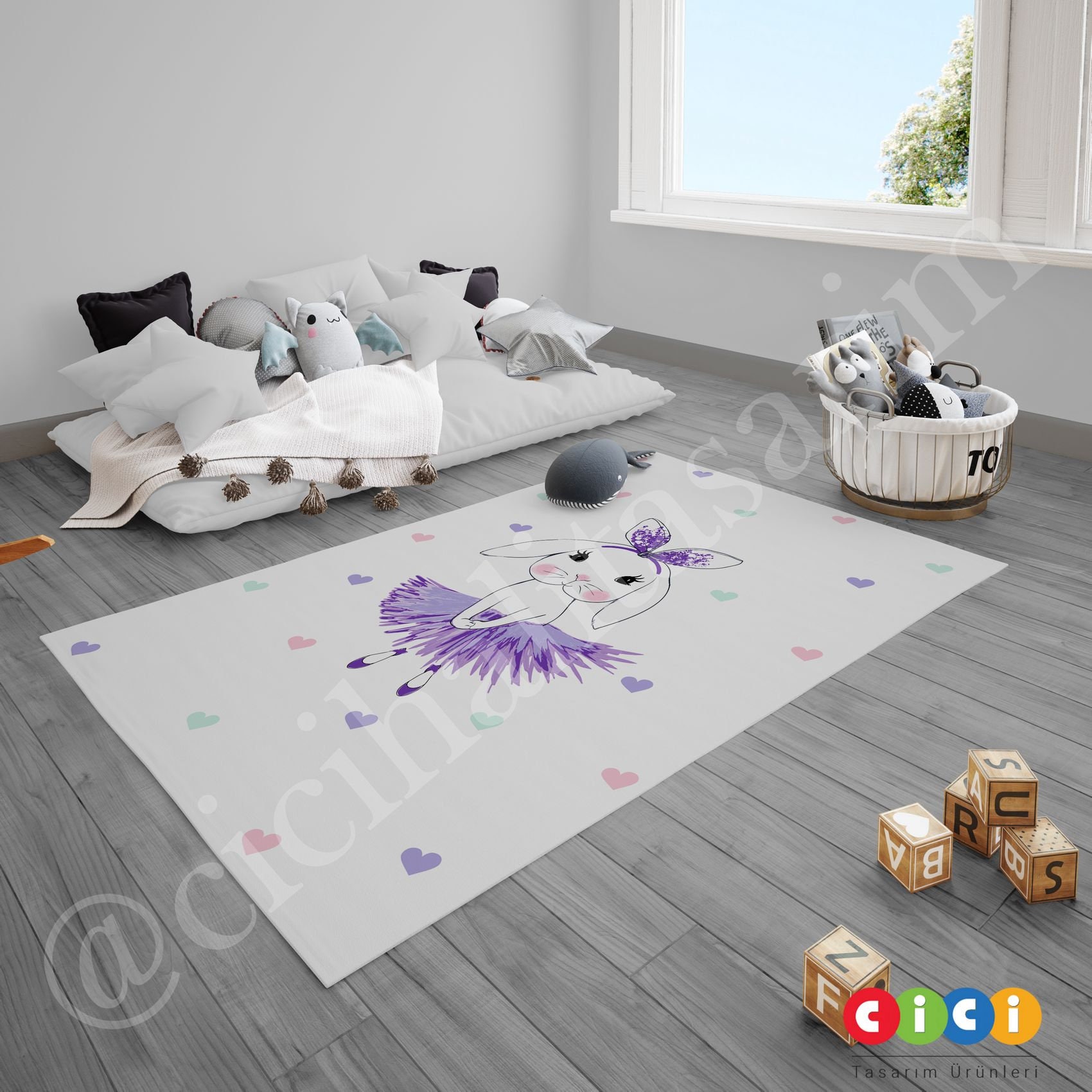 Purple Rabbitt Ballet Rug With Hearts, Baby Girl Kids Room Rug ...