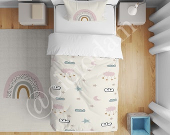 Pink Rainbow linens set , Baby Girl Kids Room bedding set, Nursery Room duvet cover set, Childrens Room linen set