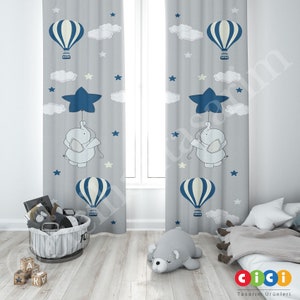 Hot Air balloon Curtains, Elephant Curtains, Clouds Curtain, Baby Boy and Girl Kids Room Curtain, Nursery Room Curtains, Window Curtain