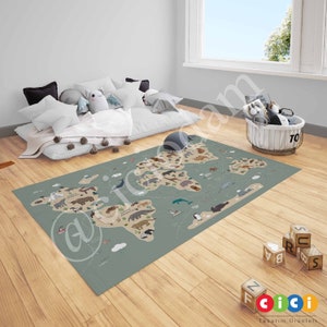 Weltkarte Teppich, Tiere Vorhang, Baby Jungen und Mädchen Kinderzimmer Teppich, Kinderzimmer Teppich