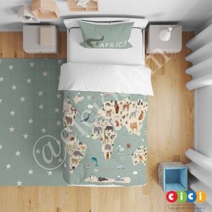 World Map linens set, Animals bedding set, Baby Boy and Girl Kids Room duvet cover set, Nursery Room linens set, Childrens Room linens set