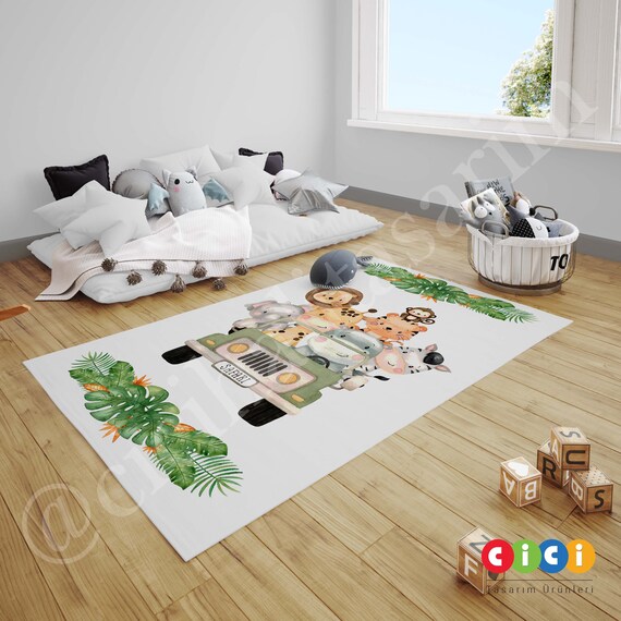Safari Rug, Animals Rug, Baby Boy and Girl Kids Room Rug, Nursery Room Rug, Childrens Room Rug