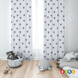 Purple Hearts Curtain, Baby Girl Kids Room Curtain, Nursery Room Curtains, Window Curtain, Childrens Room Curtain
