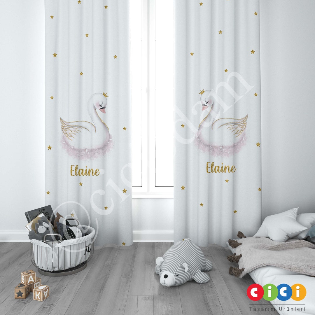 Swan Curtain, Baby Girl Kids Room Curtain, Nursery Room Curtains