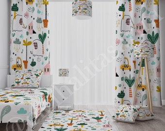 Elephant and Cars Kids Nursery Room Curtain, Carpet, Duvet Cover, Pillow Case, Cushion, Lamp