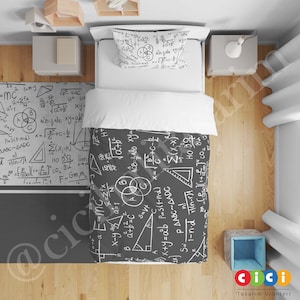 May include: A gray and white bedding set with a pattern of math equations and geometric shapes. The bedding set includes a duvet cover and a pillowcase.
