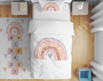 Pink Rainbow linen set , Heart bedding set, Baby Girl Kids Room duvet cover set, Nursery Room bedding set, Childrens Room linen set